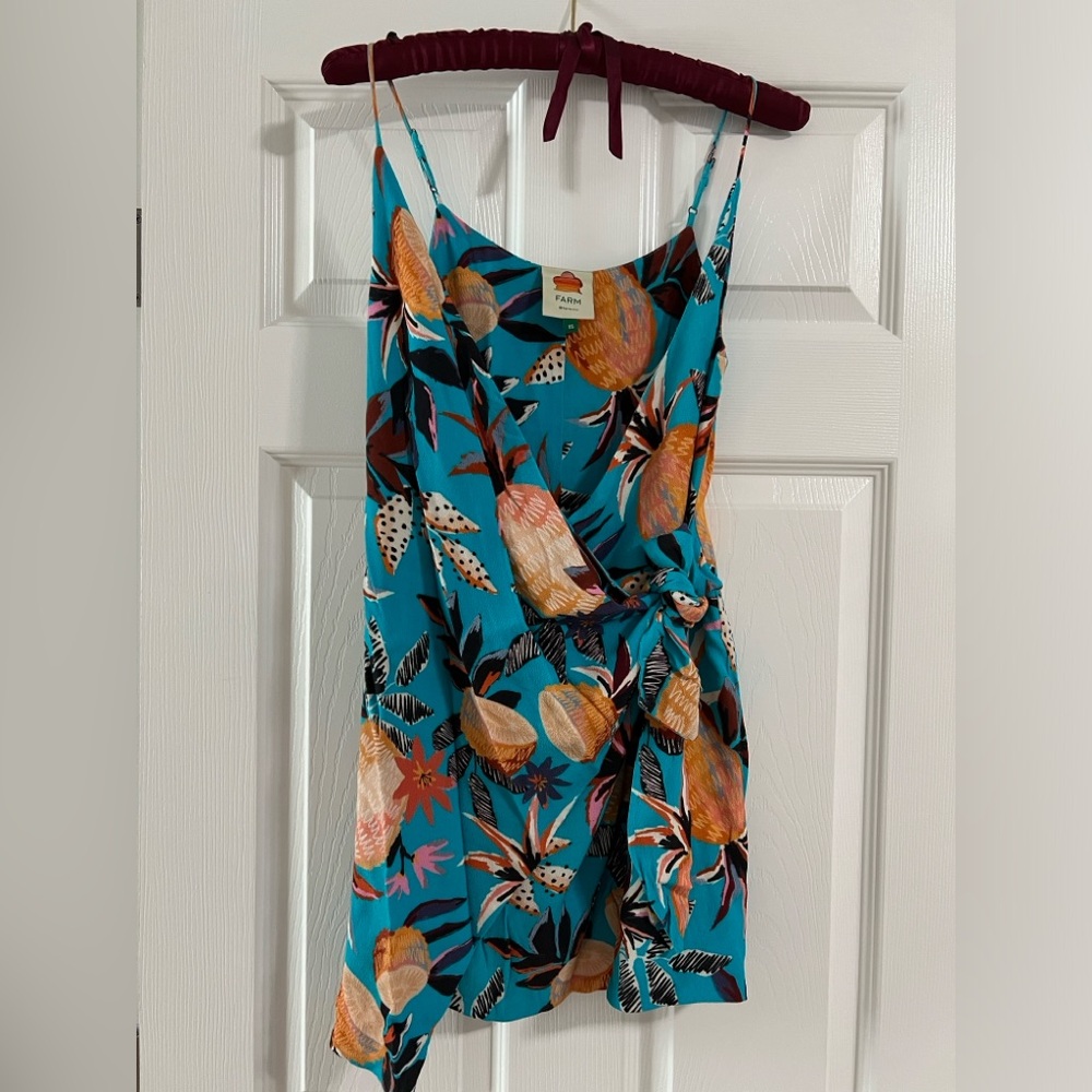 FARM Rio Turquoise Tropical Mini Dress with Orange & Brown Print